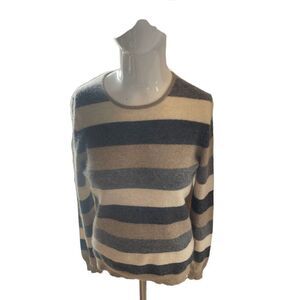 Cashmere Sweater for Women Striped Long Sleeves Round Neck Sz S Brown Beige